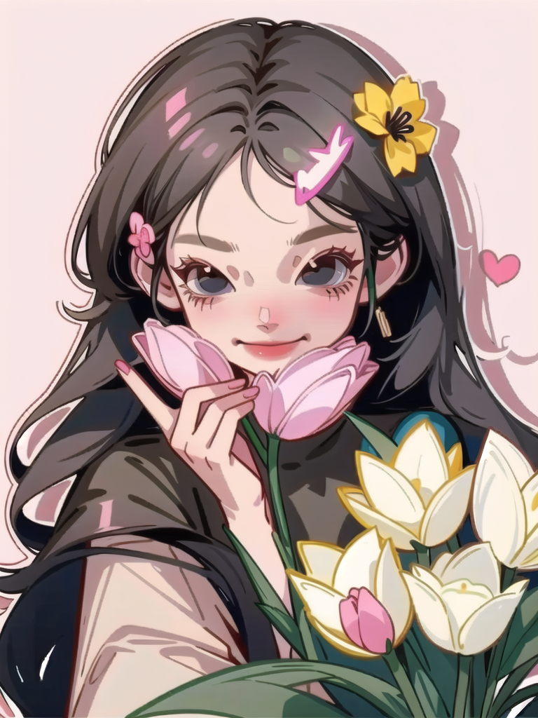 22764-1246128064-yaya_style, 1girl, solo, tulip, long hair, pink flower, flower, yellow flower, holding, black hair, smile, black eyes, hair orna.png